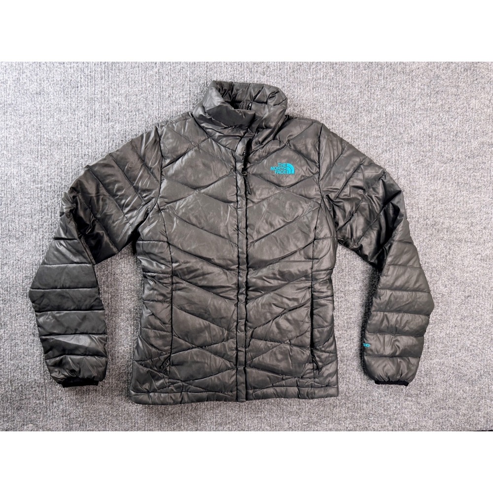 The North Face 550 Down Puffer Jacket Womens XS Black Teal Quilted Full Zip Coat